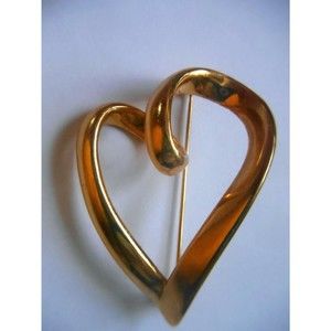Signed Monet Gold Tone Modernist Abstract Heart Shaped Brooch Pin